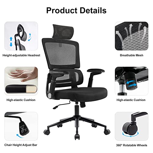 Height-Adjustable Office Chair Ergonomic Office Chair High Back Mesh Computer Chair with Lumbar Support Swivel Rolling Chair with Adjustable Headrest for Home and Office