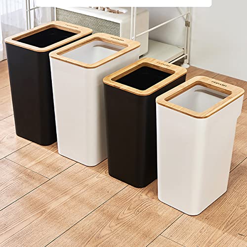 Doyingus Slim Wastebasket 2.6 Gal, Small Trash Can with Bamboo Lid Rectangular Plastic Garbage Can for Bathroom, Bedroom, Kitchen, Office, Living Room (White)