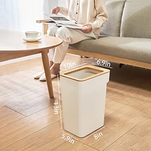 Doyingus Slim Wastebasket 2.6 Gal, Small Trash Can with Bamboo Lid Rectangular Plastic Garbage Can for Bathroom, Bedroom, Kitchen, Office, Living Room (White)