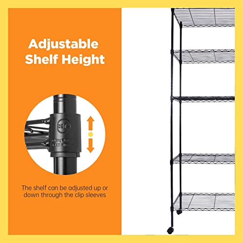 Ymlpre 5-Tier Wire Shelving Unit with Wheels, 35.43" W x 13.78" D x 65" H, Height Adjustable Metal Shelf, Heavy Duty Organizer Garage Large Iron Storage Shelves NSF Metal Rack on Wheels, Black 65inch