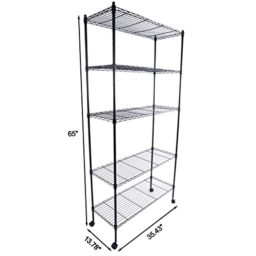 Ymlpre 5-Tier Wire Shelving Unit with Wheels, 35.43" W x 13.78" D x 65" H, Height Adjustable Metal Shelf, Heavy Duty Organizer Garage Large Iron Storage Shelves NSF Metal Rack on Wheels, Black 65inch