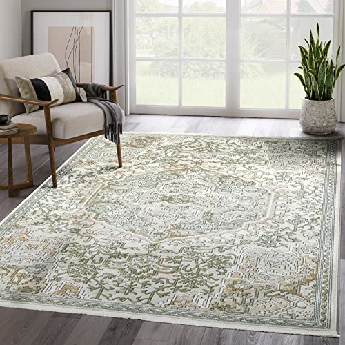 Abani Savoy Collection Area Rug - Beige/Green Vintage Design - 5'3" x 7'6" - Easy to Clean - Durable for Kids and Pets - Non-Shedding - Medium Pile - Soft Feel - for Living Room, Bedroom & Office