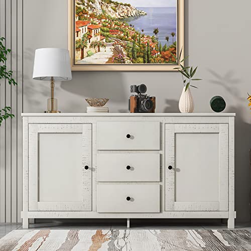 64'' Retro Large Storage Cabinet Buffet Sideboard with Adjustable Shelves and 3 Drawers, Solid Wood Entryway Console Table Coffee Bar Cupboard Server for Living Room Kitchen (Antique White-R)