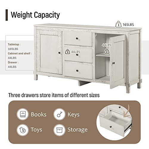 64'' Retro Large Storage Cabinet Buffet Sideboard with Adjustable Shelves and 3 Drawers, Solid Wood Entryway Console Table Coffee Bar Cupboard Server for Living Room Kitchen (Antique White-R)