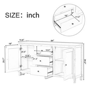 64'' Retro Large Storage Cabinet Buffet Sideboard with Adjustable Shelves and 3 Drawers, Solid Wood Entryway Console Table Coffee Bar Cupboard Server for Living Room Kitchen (Antique White-R)