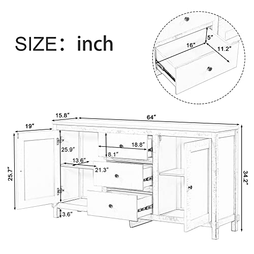 64'' Retro Large Storage Cabinet Buffet Sideboard with Adjustable Shelves and 3 Drawers, Solid Wood Entryway Console Table Coffee Bar Cupboard Server for Living Room Kitchen (Antique White-R)