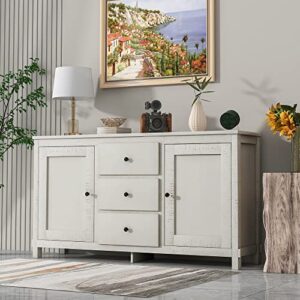 64'' Retro Large Storage Cabinet Buffet Sideboard with Adjustable Shelves and 3 Drawers, Solid Wood Entryway Console Table Coffee Bar Cupboard Server for Living Room Kitchen (Antique White-R)