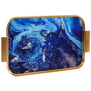 dalimfun glass decorative tray, blue marbling serving tray with handles, rectangular coffee table tray, decor tray for ottoman, bar, vanty, makeup perfume organizer, 15.6 x 10 inch