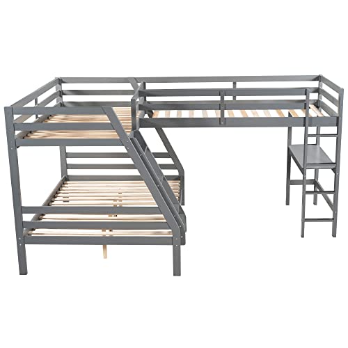 Wood L-Shaped Bunk Beds with Desk, Twin &Twin Over Full Bunk Bed Frame for 3 People with Guardrails and Ladder for Kids Boys Girls Teens Adults Bedroom Dorm