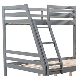 Wood L-Shaped Bunk Beds with Desk, Twin &Twin Over Full Bunk Bed Frame for 3 People with Guardrails and Ladder for Kids Boys Girls Teens Adults Bedroom Dorm