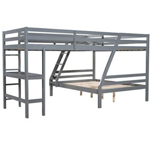 Wood L-Shaped Bunk Beds with Desk, Twin &Twin Over Full Bunk Bed Frame for 3 People with Guardrails and Ladder for Kids Boys Girls Teens Adults Bedroom Dorm