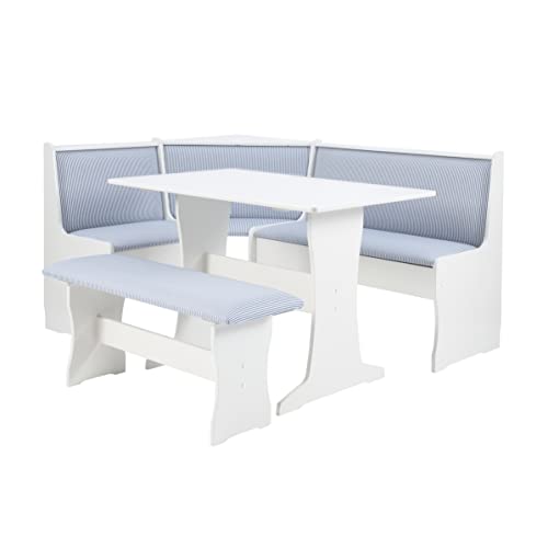 Linon Upholstered Seats and Hidden Storage Kiera Kitchen Corner Dining Nook, White and Blue Stripe