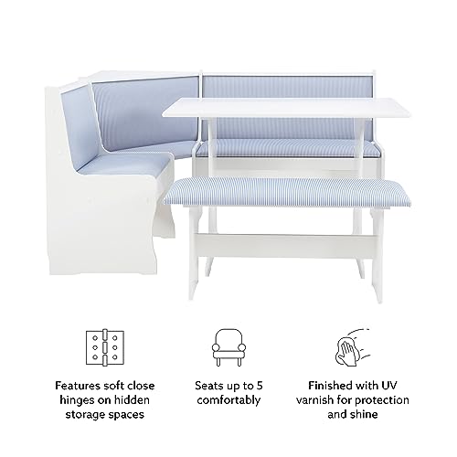 Linon Upholstered Seats and Hidden Storage Kiera Kitchen Corner Dining Nook, White and Blue Stripe