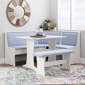 Linon Upholstered Seats and Hidden Storage Kiera Kitchen Corner Dining Nook, White and Blue Stripe