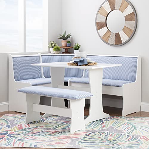 Linon Upholstered Seats and Hidden Storage Kiera Kitchen Corner Dining Nook, White and Blue Stripe