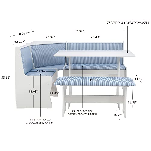 Linon Upholstered Seats and Hidden Storage Kiera Kitchen Corner Dining Nook, White and Blue Stripe