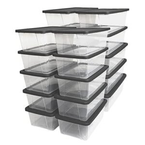 homz snaplock stackable 6 quart clear organizer storage container bin with tight seal gray lid for home organization (20 pack)