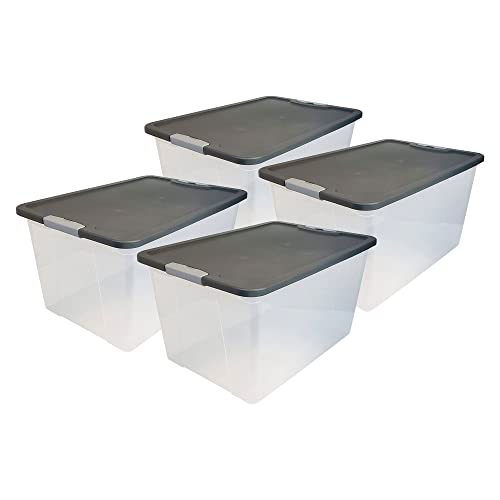 HOMZ 64 Quart Secure Seal Latching Extra Large Clear Plastic Storage Tote Container Bin w/Gray Lid for Home, Garage, & Basement Organization (4 Pack)