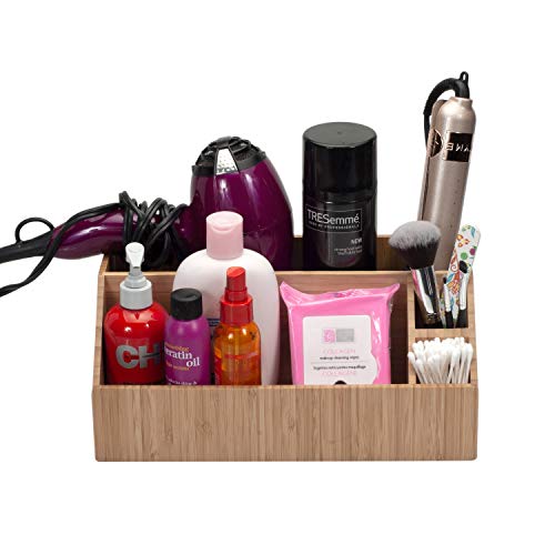 MobileVision Bamboo Bathroom Organizer Bundle Includes Compartments for Hair Care and Toiletries & Rotating Caddy for Cosmetics