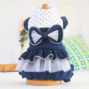 HonpraD Pet Clothes for Small Dogs Girl Dog Dresses Autumn and Winter Thickening Four Legs Princess Bow Denim Skirt