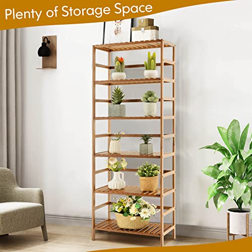 Giantex 6-Tier Bamboo Bookshelf, 63'' Tall Freestanding Storage Display Shelf with Adjustable Shelves, Easy Assembly Multipurpose Bookcase Shelf Rack for Living Room, Kitchen, Plants (Natural)