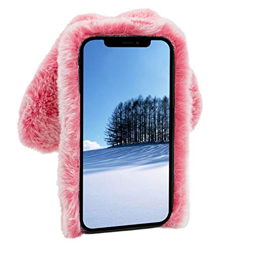 DasKAn for Samsung Galaxy A14 5G 3D Bunny Ears Plush Case with Crossbody Strap, Winter Warm Handmade Bling Diamond Soft Rabbit Fluffy Furry Fur Shockproof Protective Phone Cover, Pink