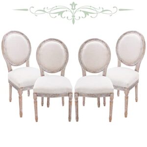 colamy french country dining chairs set of 4, upholstered farmhouse dining room chairs with round back, solid wood legs, accent side chairs for kitchen/living room/bedroom- light beige