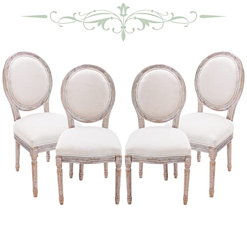 COLAMY French Country Dining Chairs Set of 4, Upholstered Farmhouse Dining Room Chairs with Round Back, Solid Wood Legs, Accent Side Chairs for Kitchen/Living Room/Bedroom- Light Beige