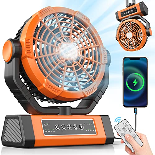Portable Rechargeable Fan - 20000mAh 9-Inch Camping Fan with Light & Hook for Tent, Outdoor - Battery Powered Fan(60Hrs) - USB Fan for Picnic, BBQ, Fishing, Travel, Jobsite
