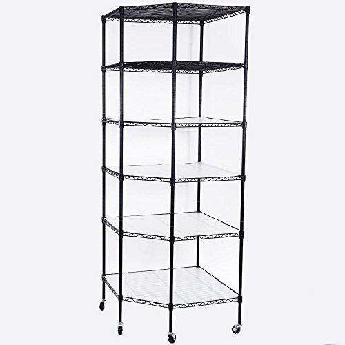 QXDRAGON 6 Tiers Corner Shelf, Adjustable Metal Storage Wire Shelving Unit Corner Rack Corner Shelving, Free Standing Storage Rack Display with Wheel for Garage Living Room, Bathroom, Kitchen (Black)