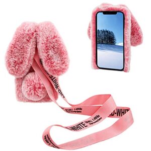 DasKAn for Samsung Galaxy S23 5G 3D Bunny Ears Plush Case with Crossbody Strap, Winter Warm Handmade Bling Diamond Soft Rabbit Fluffy Furry Fur Shockproof Protective Phone Cover, Pink