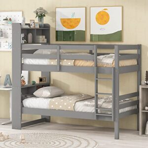 twin over twin bunk beds, wood bunk bed with bookcase headboard, solid wood bed frame with safety rail and ladder, kids/teens bedroom, guest room furniture, can be converted into 2 beds, grey