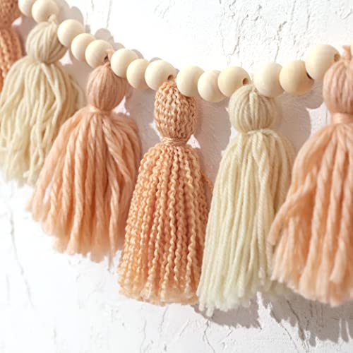 Tassel Wood Bead Garland Banner - Boho Garland Decor with, Girl Birthday Decor Cake Smash Prop，Wall Hangings Decorative for Kids Bedroom Nursery Party Holiday Classroom Decoration