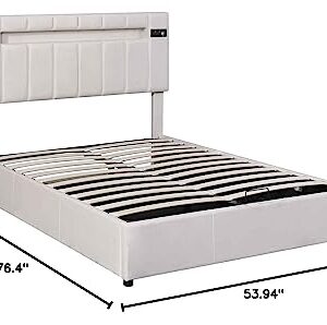 ATY Full Size Platform Bed with LED Light, Upholstered Bedframe w/Bluetooth Player, USB Charging and Hydraulic Storage, Save Space Design, Multifuctional, for Bedroom, Guestroom, Hotel, Beige