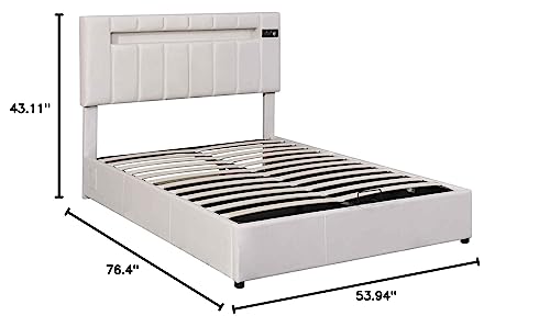 ATY Full Size Platform Bed with LED Light, Upholstered Bedframe w/Bluetooth Player, USB Charging and Hydraulic Storage, Save Space Design, Multifuctional, for Bedroom, Guestroom, Hotel, Beige