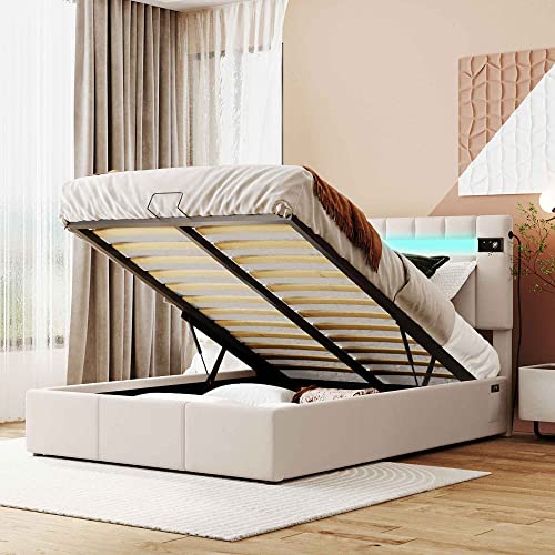 ATY Full Size Platform Bed with LED Light, Upholstered Bedframe w/Bluetooth Player, USB Charging and Hydraulic Storage, Save Space Design, Multifuctional, for Bedroom, Guestroom, Hotel, Beige