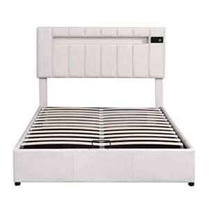 ATY Full Size Platform Bed with LED Light, Upholstered Bedframe w/Bluetooth Player, USB Charging and Hydraulic Storage, Save Space Design, Multifuctional, for Bedroom, Guestroom, Hotel, Beige