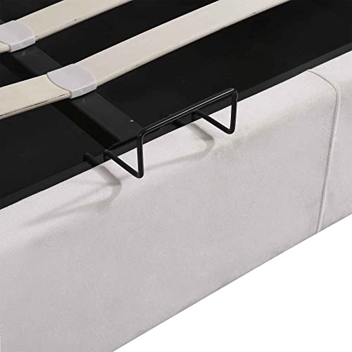 ATY Full Size Platform Bed with LED Light, Upholstered Bedframe w/Bluetooth Player, USB Charging and Hydraulic Storage, Save Space Design, Multifuctional, for Bedroom, Guestroom, Hotel, Beige