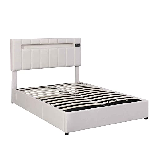 ATY Full Size Platform Bed with LED Light, Upholstered Bedframe w/Bluetooth Player, USB Charging and Hydraulic Storage, Save Space Design, Multifuctional, for Bedroom, Guestroom, Hotel, Beige