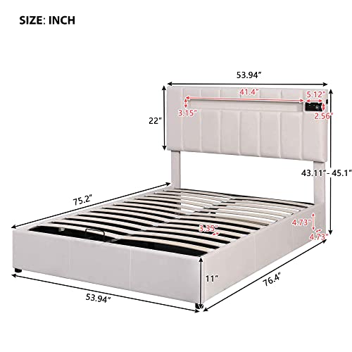 ATY Full Size Platform Bed with LED Light, Upholstered Bedframe w/Bluetooth Player, USB Charging and Hydraulic Storage, Save Space Design, Multifuctional, for Bedroom, Guestroom, Hotel, Beige