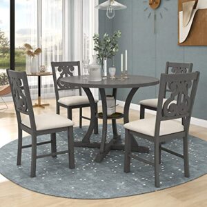 oyn 6 5-piece kitchen furniture, wooden dining room upholstered chairs,special-shaped round table w/bottom shelf sets for 4 persons family meal, gray, grey