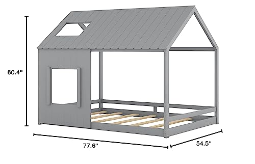 Woanke Kids House Bed Full Size, Floor Bed Full with Roof and Window, Solid Wood Floor Bed Frame Cabin Fun Playhouse Bed for Girls, Boys, Children