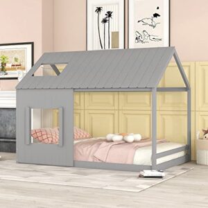 woanke kids house bed full size, floor bed full with roof and window, solid wood floor bed frame cabin fun playhouse bed for girls, boys, children