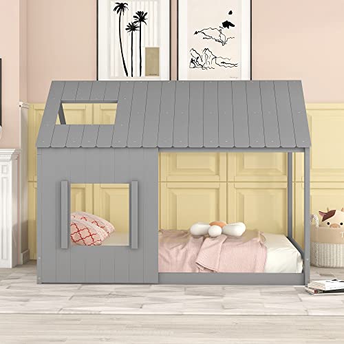 Woanke Kids House Bed Full Size, Floor Bed Full with Roof and Window, Solid Wood Floor Bed Frame Cabin Fun Playhouse Bed for Girls, Boys, Children