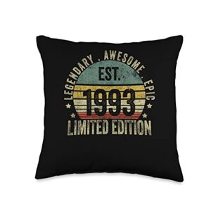 retro est 1993 limited edition born in 1993 gifts 30th birthday vintage 30 year old est 1993 limited edition throw pillow, 16x16, multicolor