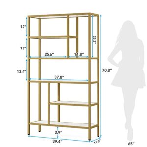 Tribesigns 6-Tier Tall Bookshelf Bookcase, Modern White and Gold Open Bookcase Storage Display Book Shelves for Living Room, Home Office