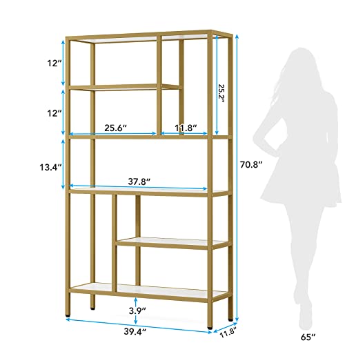 Tribesigns 6-Tier Tall Bookshelf Bookcase, Modern White and Gold Open Bookcase Storage Display Book Shelves for Living Room, Home Office