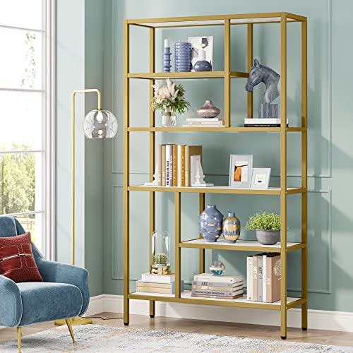 Tribesigns 6-Tier Tall Bookshelf Bookcase, Modern White and Gold Open Bookcase Storage Display Book Shelves for Living Room, Home Office