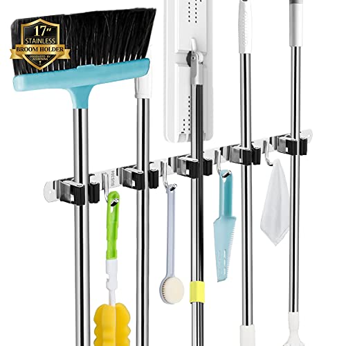 5 Racks and 4 Hooks & Black 5 Racks and 4 Hooks Broom and Mop Holder Wall Mounted Garage Organizer Storage Tool Racks Stainless Steel Heavy Duty Hooks Self Adhesive Solid Non-slip Wall Hangers