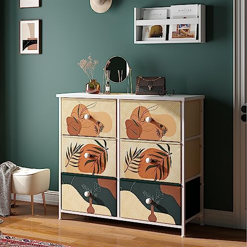 EnHomee Dresser, Cute Dresser for Bedroom, Small Dressers for Bedroom, 6 Drawer Dresser for Closet, Boho Dresser with Fabric Drawers, Bedroom Dressers & Chests of Drawers, Wooden Top